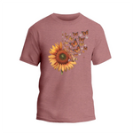 a pink t - shirt with a sunflower and butterflies on it
