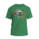 A green t-shirt with the word "NURSE" printed on it, surrounded by various Halloween-themed elements such as bats, a spider web, a pumpkin, and a skeleton.