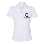 a women's white polo shirt with a black logo