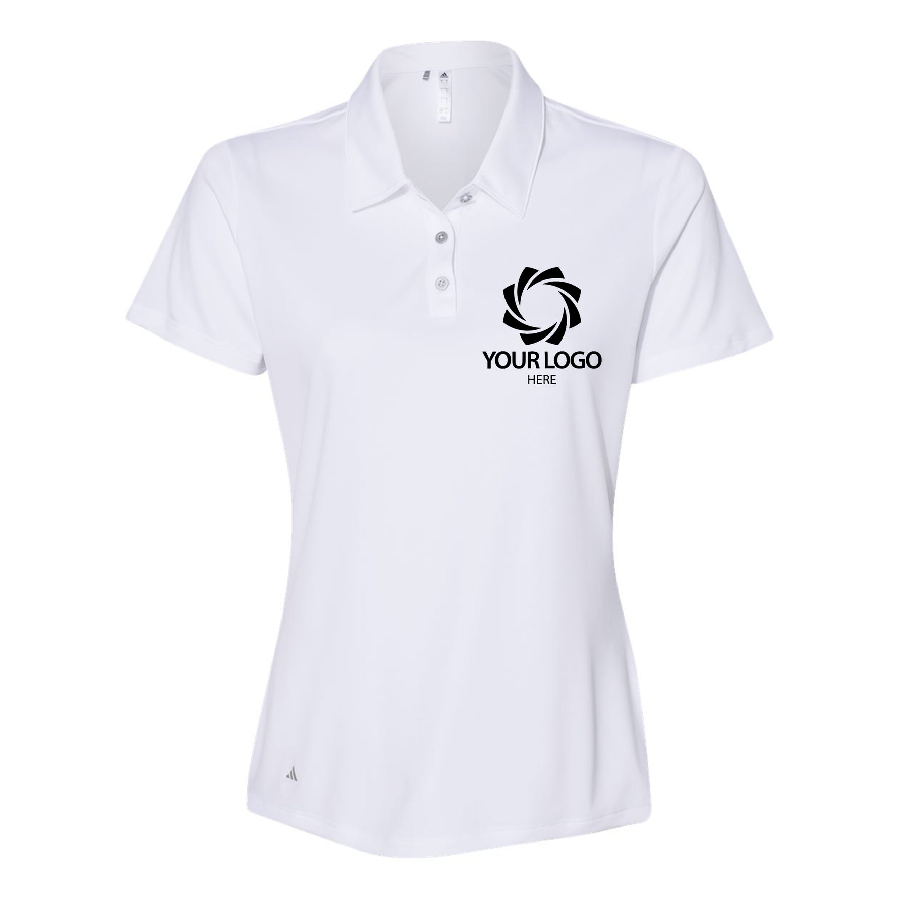 a women's white polo shirt with a black logo