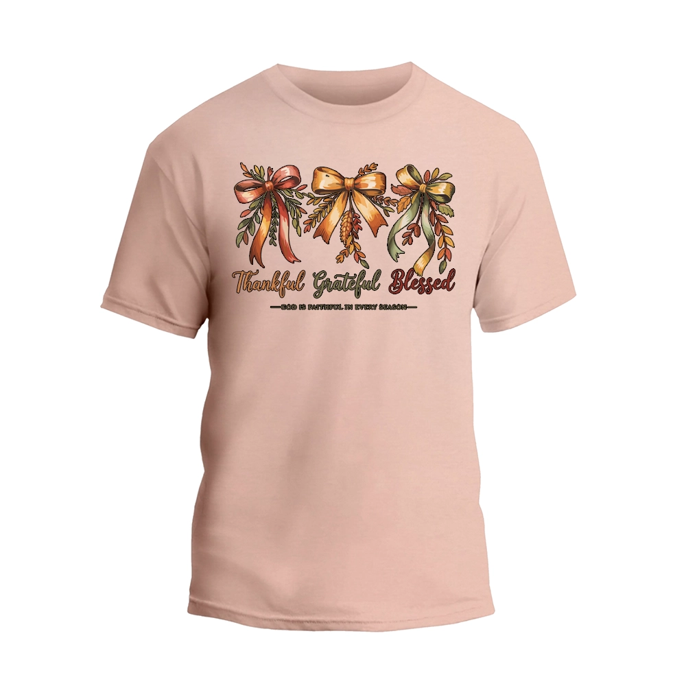 Thankful Grateful Blessed Shirt, Cozy Bow Autumn T-shirt