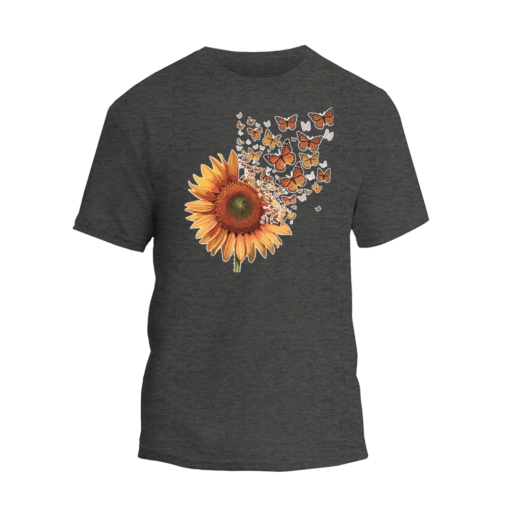 a t - shirt with a sunflower and butterflies on it