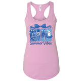 A pink tank top with a graphic design featuring a skeleton, a ghost, and a pineapple, along with the text "Summer Vibes" printed on it.