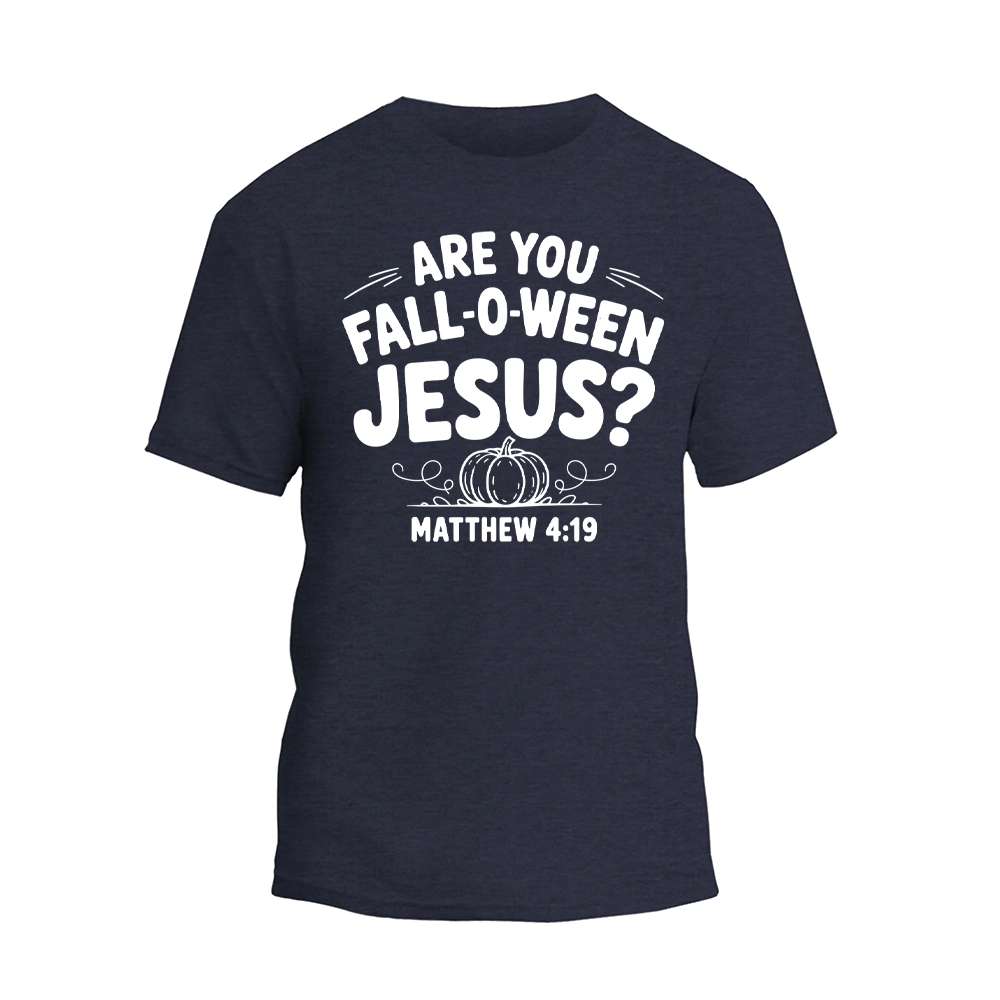 A navy blue t-shirt with a humorous text printed on it.