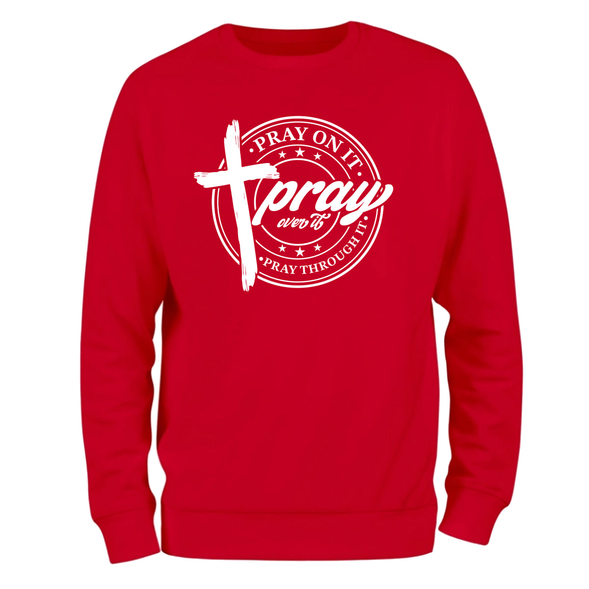 a red sweatshirt with a cross on it
