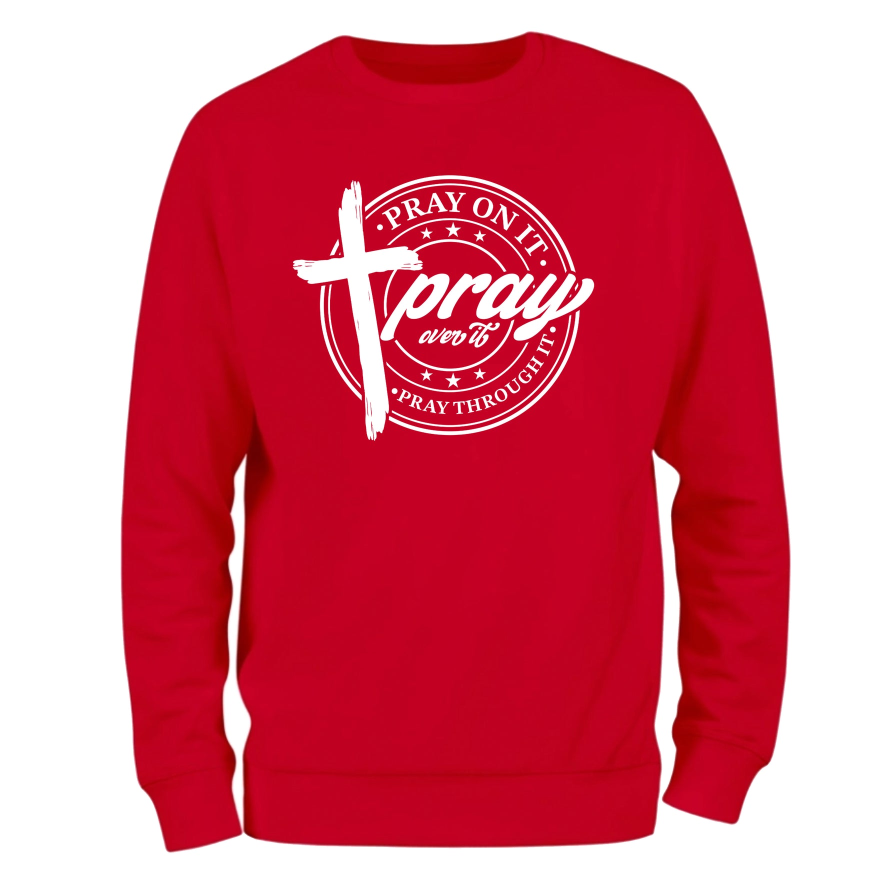 a red sweatshirt with a cross on it