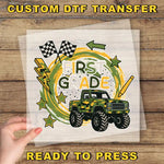 The image is a collage of various images, including a truck, checkered flags, stars, and the text "FIRST GRADE". The collage is ready to be printed, and the phrase "READY TO PRESS" is displayed at the bottom.
