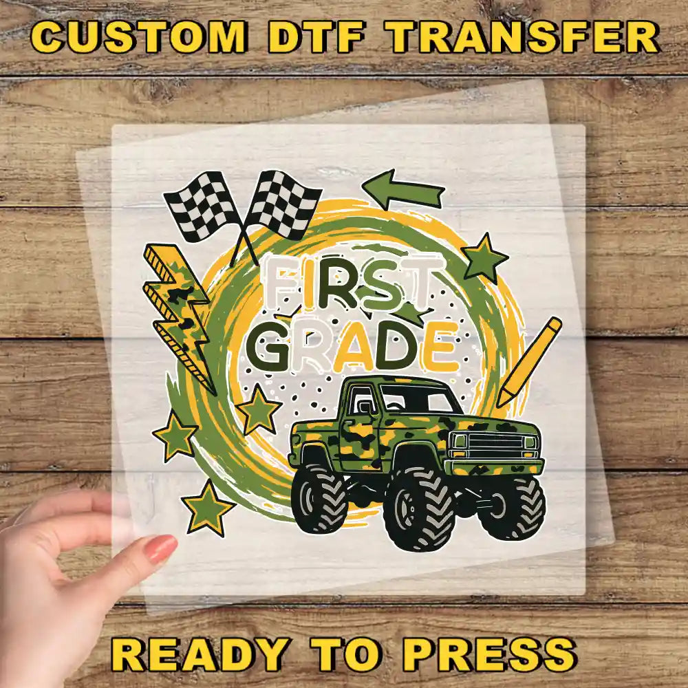 The image is a collage of various images, including a truck, checkered flags, stars, and the text "FIRST GRADE". The collage is ready to be printed, and the phrase "READY TO PRESS" is displayed at the bottom.