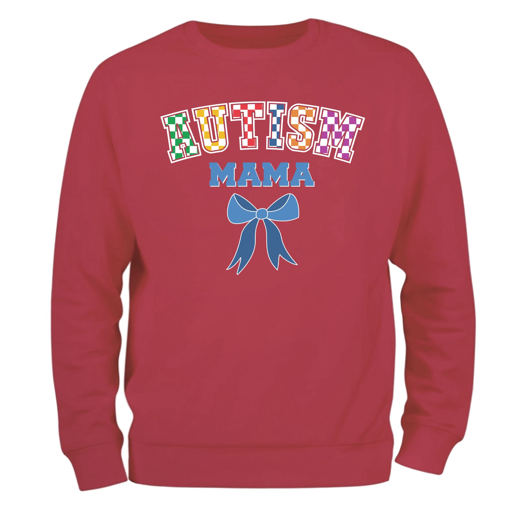 a red sweatshirt with a blue bow on the front
