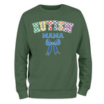 a green sweatshirt with a blue bow on the front