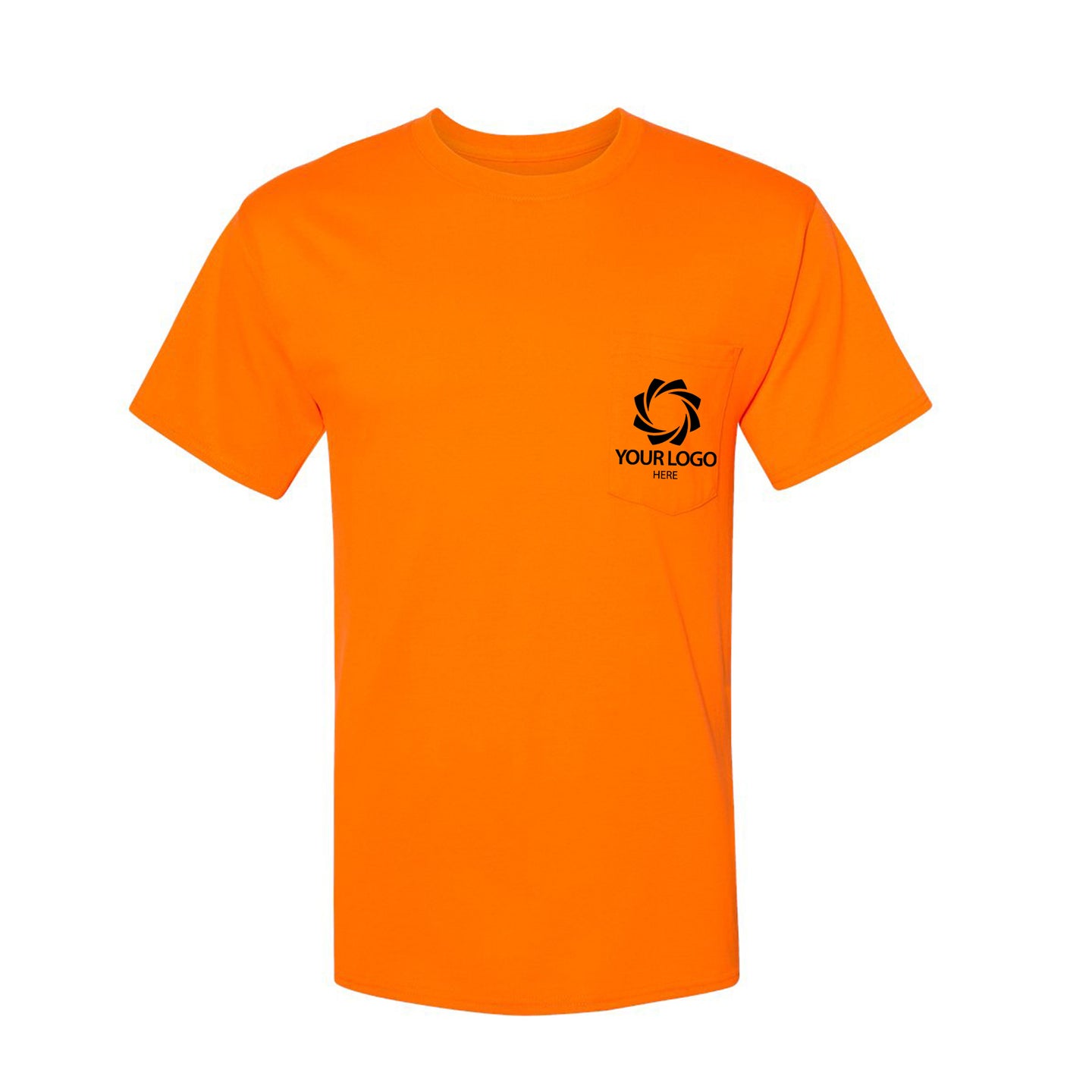 an orange t - shirt with a black logo on the chest