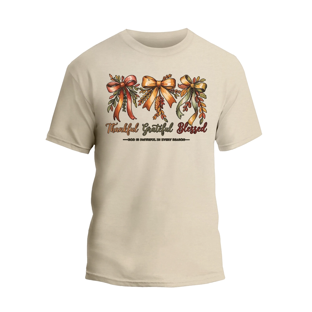 Thankful Grateful Blessed Shirt, Cozy Bow Autumn T-shirt