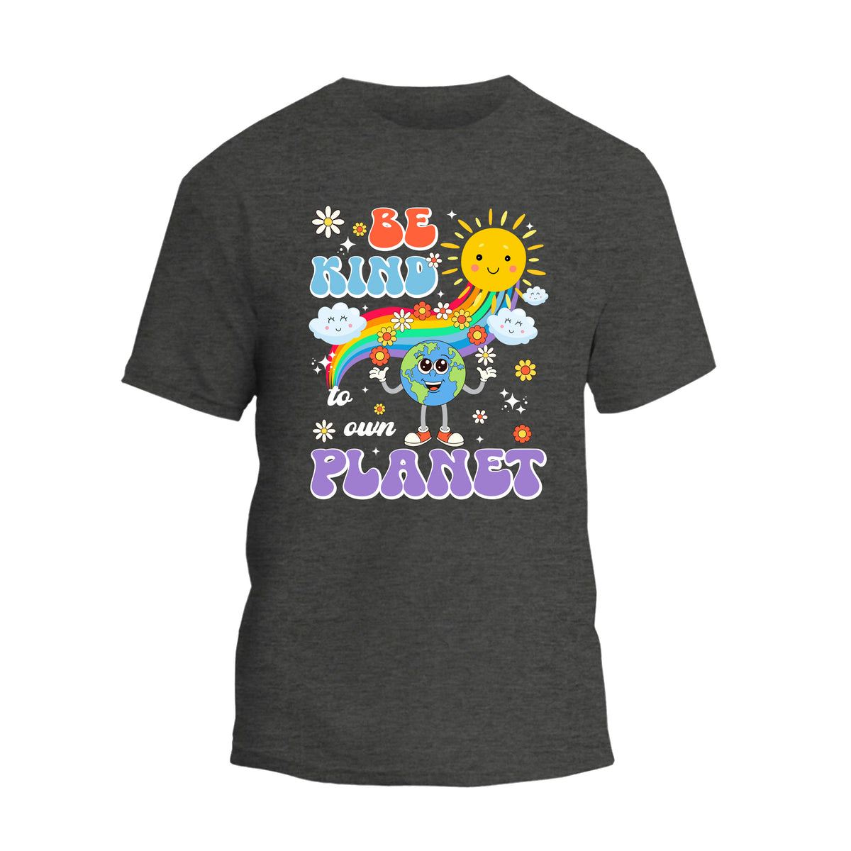 a black t - shirt with a rainbow and sun on it