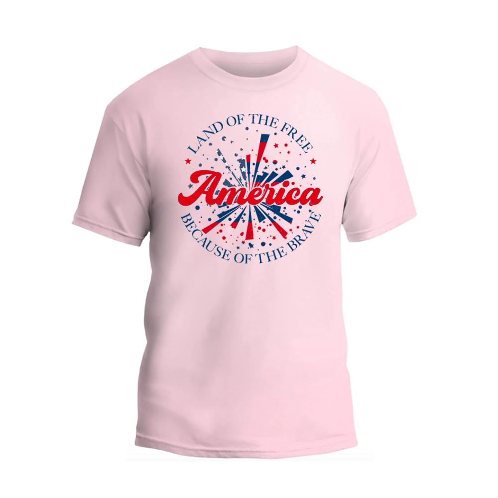 a pink t - shirt that says land of the free, america