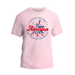 a pink t - shirt that says land of the free, america