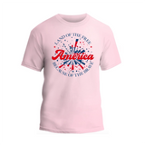 a pink t - shirt that says land of the free, america