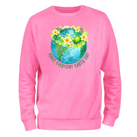 a pink sweatshirt with the earth and flowers on it