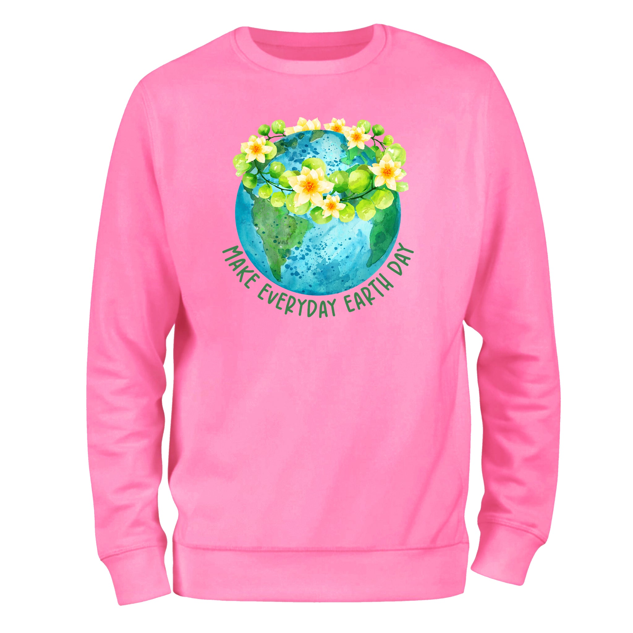 a pink sweatshirt with the earth and flowers on it