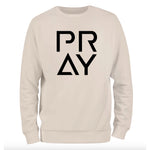 a white sweatshirt with the word pray printed on it